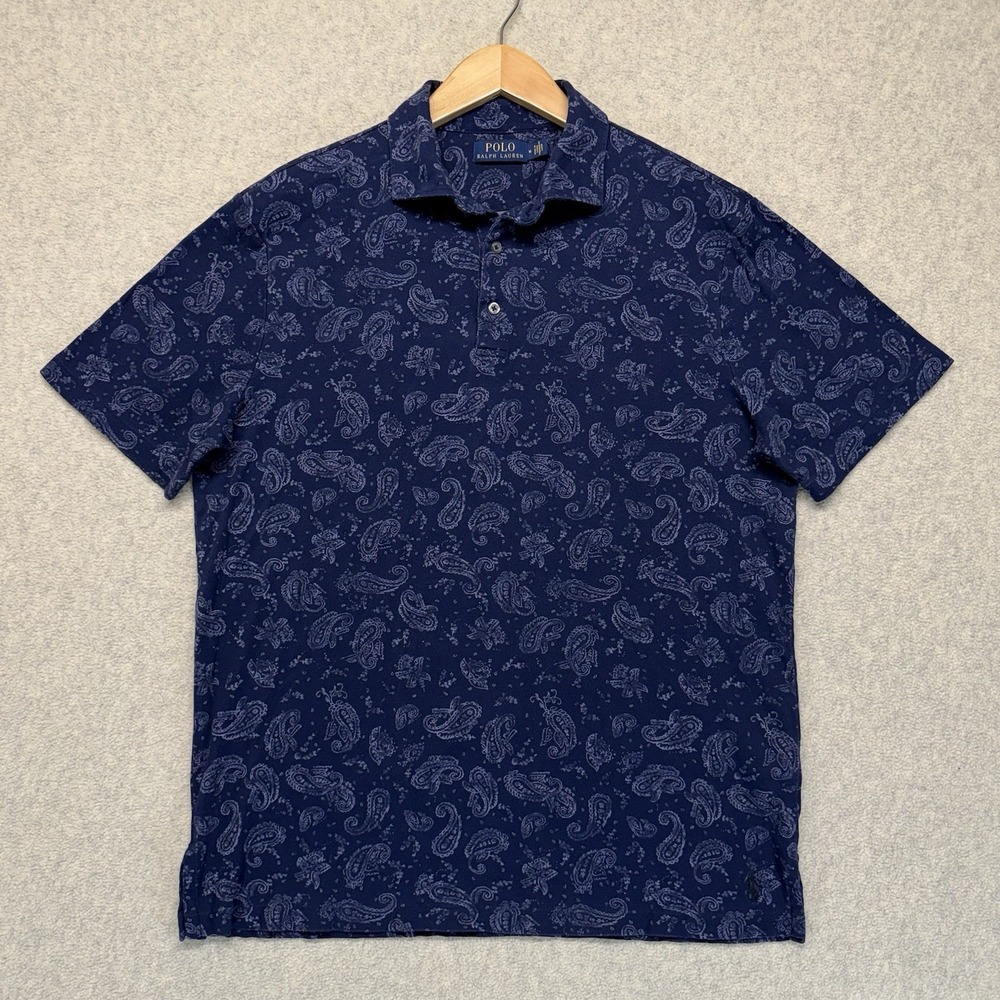 Polo Ralph Lauren Polo Shirt Mens Medium‎ Navy Paisley Print Short Sleeve